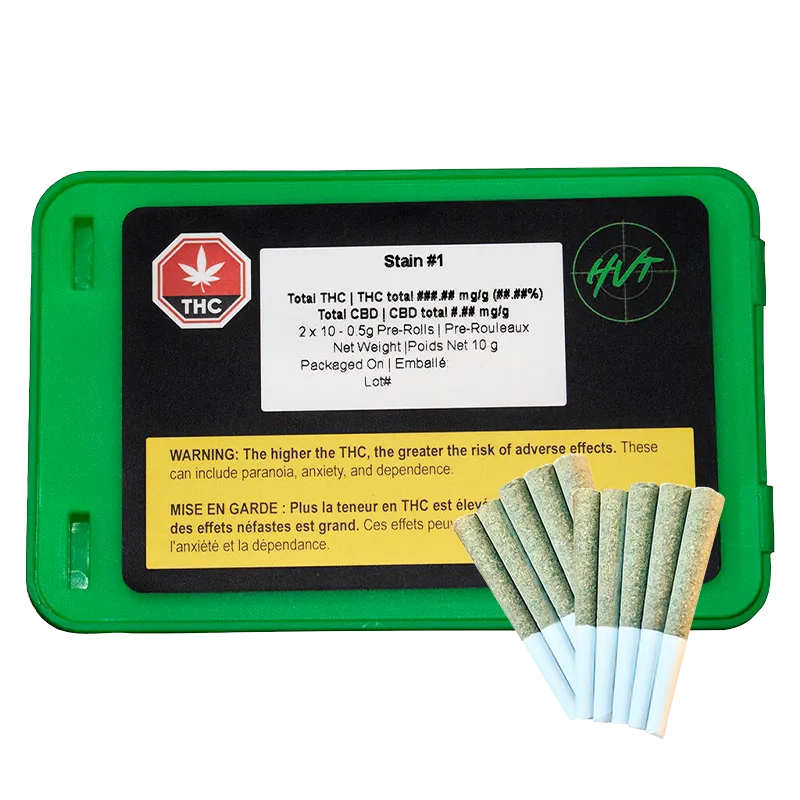 Top-down view of a green plastic tin labeled Dual Pre PR 20 x 0.5 g with a black label and a fan of seven pre-rolls resting beside it.