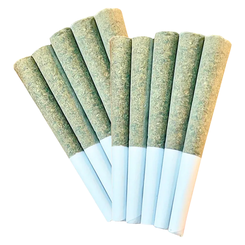Top-down view of eight fanned Dual Pre PR 20 x 0.5 g pre-rolled cones with green herbal fill and white paper tips.