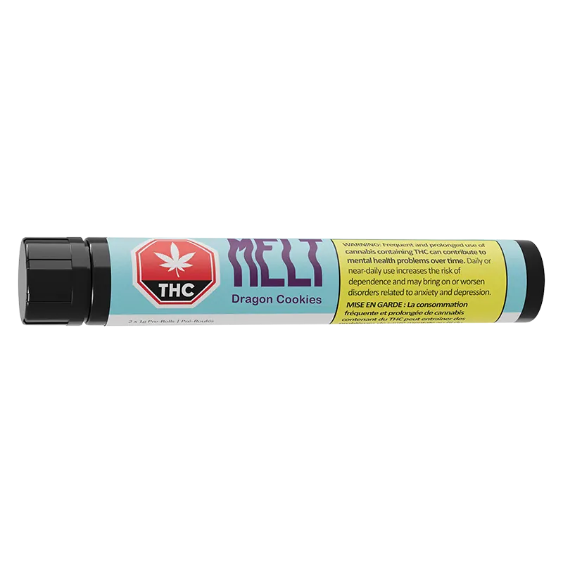 Horizontal studio shot of a MELT Dragon Cookies PR 10 x 0.5 g tube with pastel label, THC symbol and a yellow warning panel.