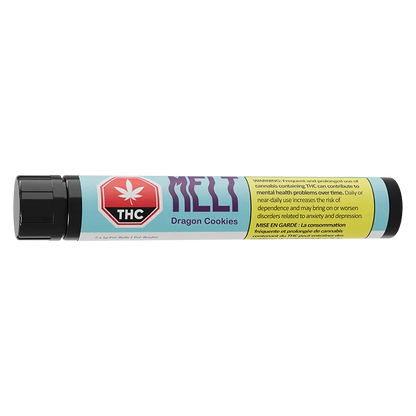 Horizontal studio shot of a MELT Dragon Cookies PR 10 x 0.5 g tube with pastel label, THC symbol and a yellow warning panel.