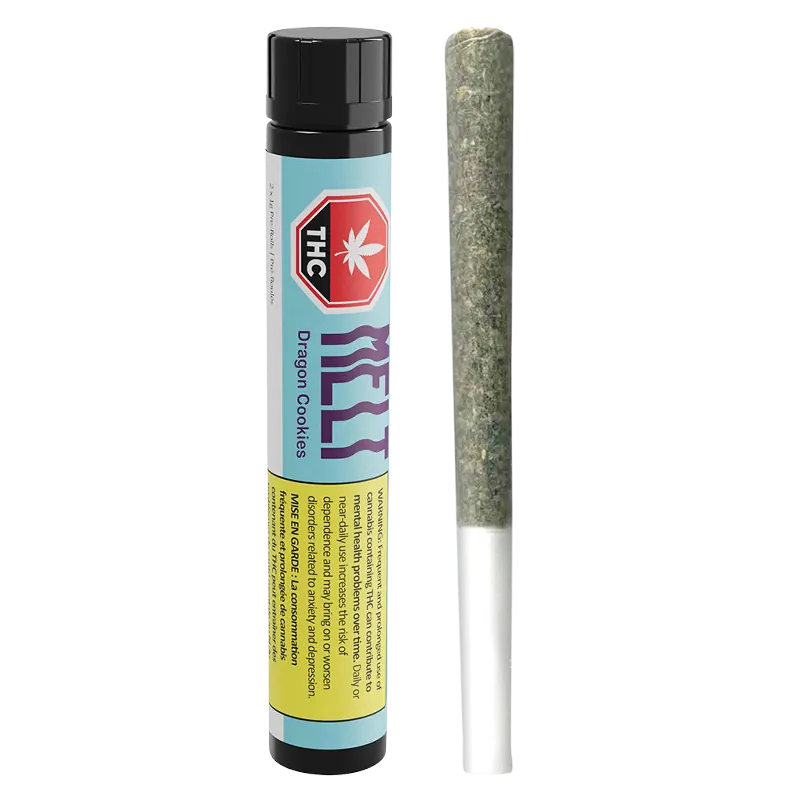Vertical studio shot of a rolled joint beside its blue tube packaging labeled Dragon Cookies PR 10 x 0.5 g.