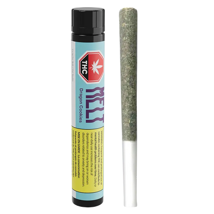 Vertical studio shot of a rolled joint beside its blue tube packaging labeled Dragon Cookies PR 10 x 0.5 g.