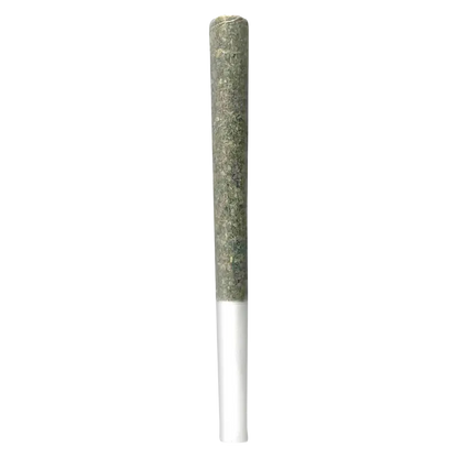 Vertical close-up of a single rolled cigarette against white background showing the green herb fill and paper tip, labeled Dragon Cookies PR 10 x 0.5 g