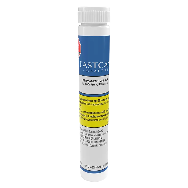 Front-facing shot of a slim tube labeled "Permanent Marker PR 1 x 1 g" with the EASTCANN CRAFT LP blue logo near the top.