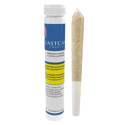 Vertical studio shot of a clear tube and pre-roll, showing the Permanent Marker PR 1 x 1 g tube label and a standing joint.