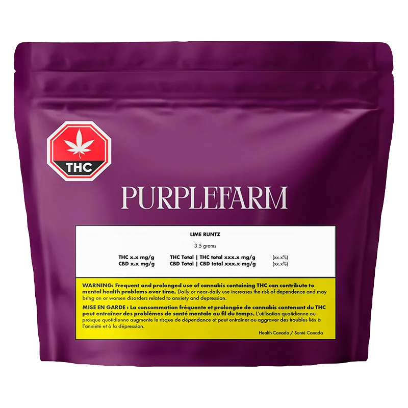 Front view of the purple resealable pouch labeled "PURPLEFARM Lime Rntz," centered on a white background with a THC warning badge and nutrition panel.