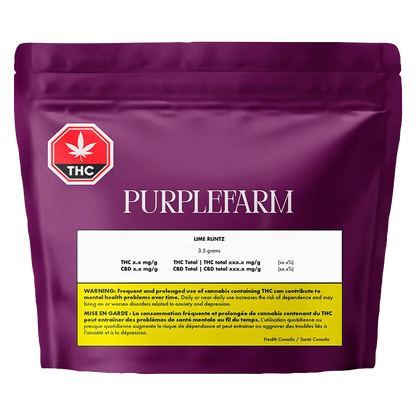 Front view of the purple resealable pouch labeled "PURPLEFARM Lime Rntz," centered on a white background with a THC warning badge and nutrition panel.