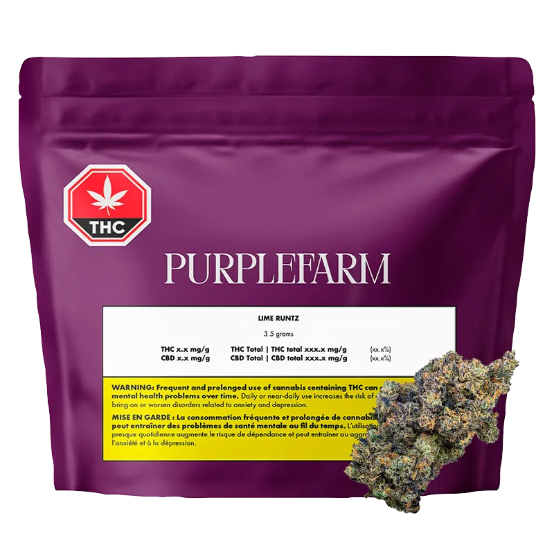 Flat front view of a purple resealable pouch labeled "PURPLEFARM Lime Rntz" with a white info panel and a cannabis bud at the lower right.