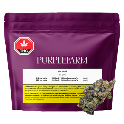Flat front view of a purple resealable pouch labeled "PURPLEFARM Lime Rntz" with a white info panel and a cannabis bud at the lower right.