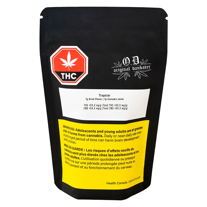 Front view of the Trapstar pouch showing a black resealable bag with a red THC octagon, white label and yellow health warning.