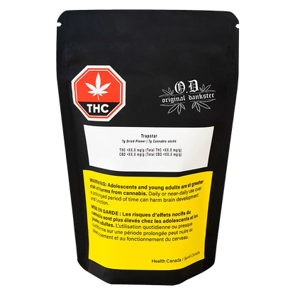 Front view of the Trapstar pouch showing a black resealable bag with a red THC octagon, white label and yellow health warning.