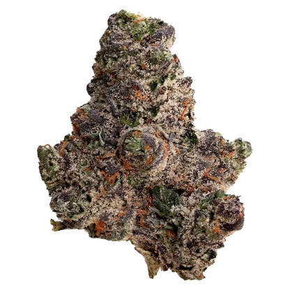 Close-up top-down view of a frosty, purple-tinged cannabis bud labeled Trapstar, showing dense trichomes and bright orange pistils against a white background.