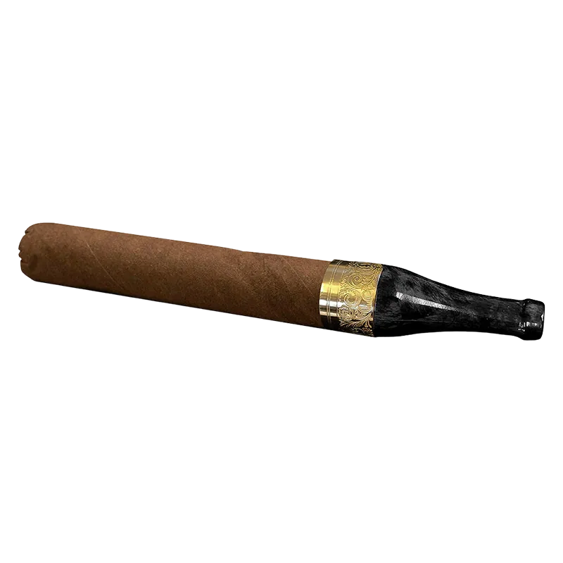 Angled side view of a brown cigar with a decorative gold ring and black mouthpiece, labeled Reserve Grand Toro G7 PR 1 x 7 g.