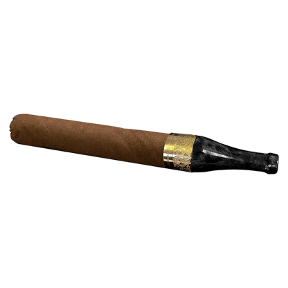 Angled side view of a brown cigar with a decorative gold ring and black mouthpiece, labeled Reserve Grand Toro G7 PR 1 x 7 g.