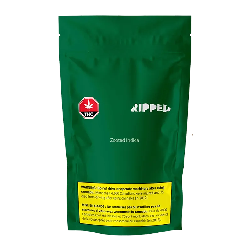 Front-facing green pouch labeled "Zooted Indica" with a white RIPPED logo, red THC symbol, and a yellow warning panel near the bottom.
