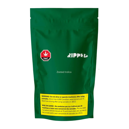Front-facing green pouch labeled "Zooted Indica" with a white RIPPED logo, red THC symbol, and a yellow warning panel near the bottom.