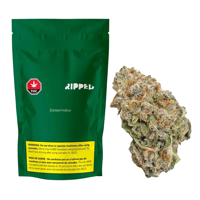 Green Ripped pouch labeled Zooted Indica stands upright next to a close-up of a frosty, orange-tinted cannabis bud.