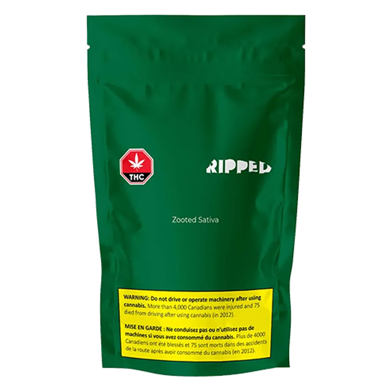 Front view of the green RIPPED Zooted Sativa pouch showing a red THC octagon and yellow warning box at the bottom.