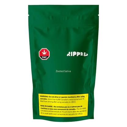 Front view of the green RIPPED Zooted Sativa pouch showing a red THC octagon and yellow warning box at the bottom.