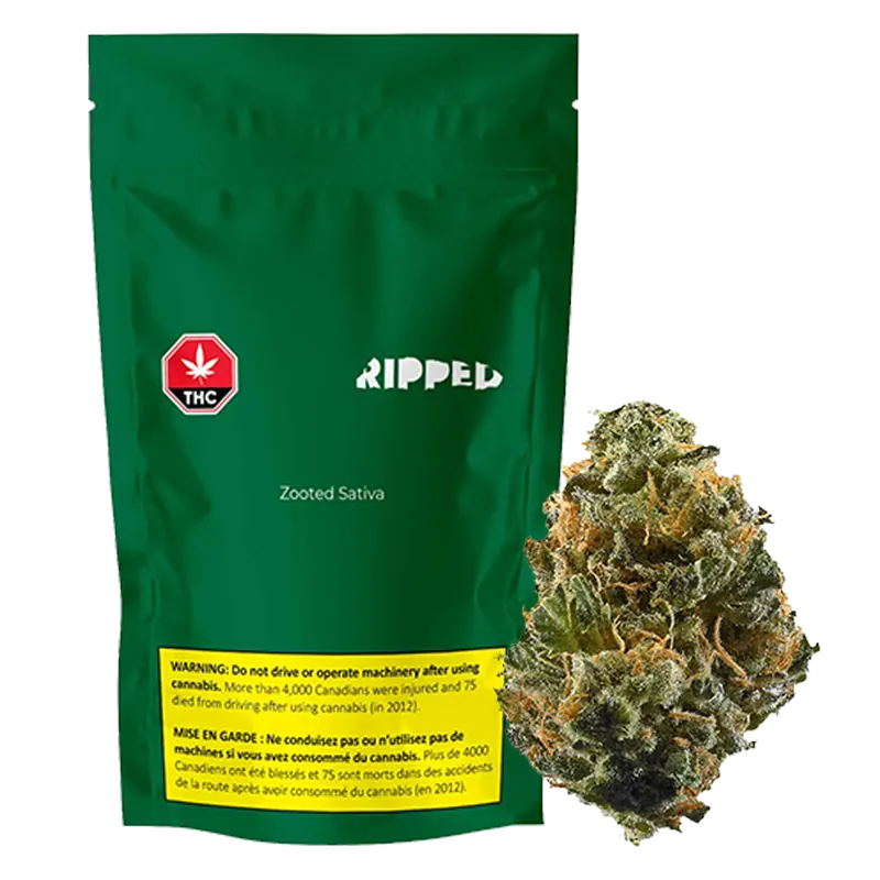 Green front-facing RIPPED Zooted Sativa pouch with a yellow warning panel, shown beside a close-up of a dense bud.