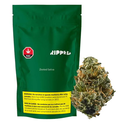 Green front-facing RIPPED Zooted Sativa pouch with a yellow warning panel, shown beside a close-up of a dense bud.