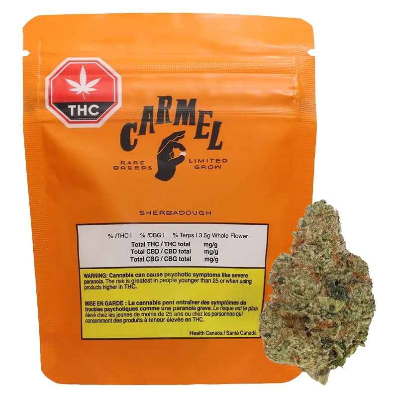 Front-facing shot of the orange Carmel Sherbadough pouch with a THC symbol at top left and a cannabis bud resting to its right.