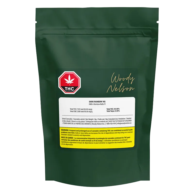 Front-facing shot of a dark green pouch labeled "Dark Rainbow Craft" with a red THC symbol and white product label.