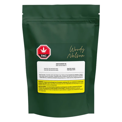 Front-facing shot of a dark green pouch labeled "Dark Rainbow Craft" with a red THC symbol and white product label.