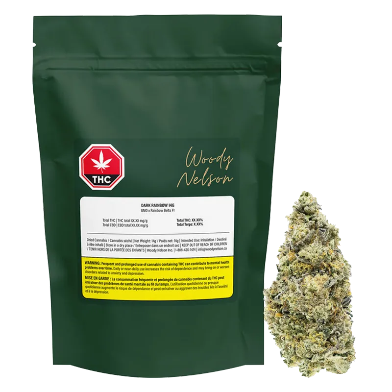 Front view of a dark green Woody Nelson Dark Rainbow Craft pouch standing next to a frosty, conical cannabis bud.