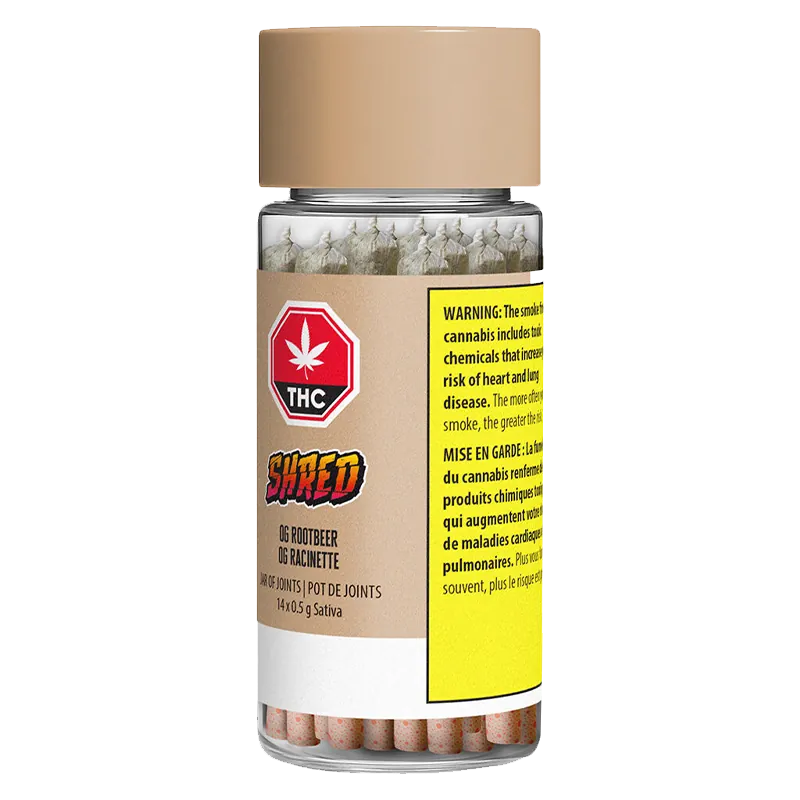 Straight-on product shot of a clear jar labeled "Og Rootbeer Jar Of Joints PR 14 x 0.5 g" showing a beige cap, visible packed joints inside, and a tan and yellow warning label.