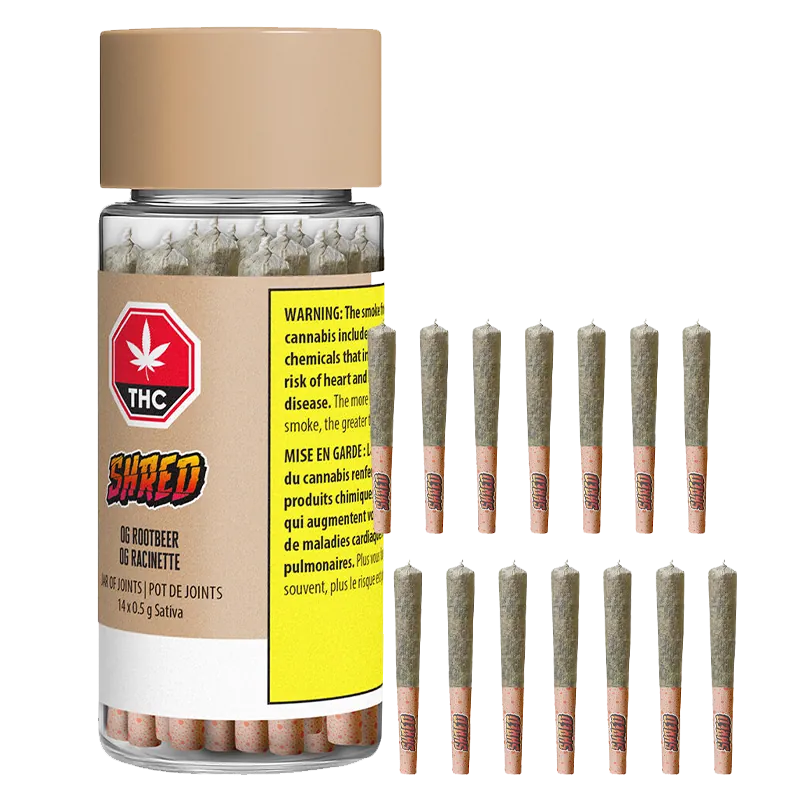 Clear front view of the Og Rootbeer Jar Of Joints PR 14 x 0.5 g showing a beige-capped jar filled with tightly packed pre-rolls and a grid of identical pre-rolls to its right.