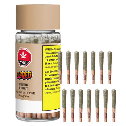 Clear front view of the Og Rootbeer Jar Of Joints PR 14 x 0.5 g showing a beige-capped jar filled with tightly packed pre-rolls and a grid of identical pre-rolls to its right.