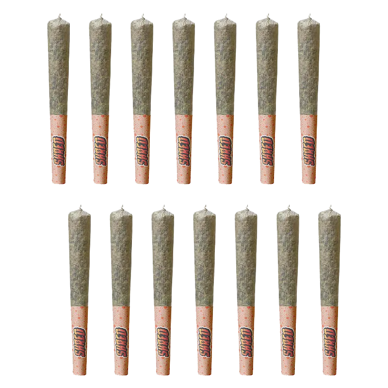 Top-down grid of 14 rolled joints on white background, labeled Og Rootbeer Jar Of Joints PR 14 x 0.5 g with pink tips.