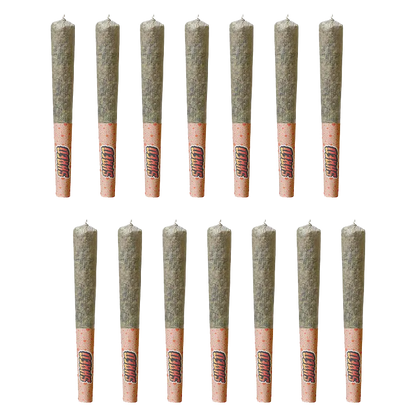 Top-down grid of 14 rolled joints on white background, labeled Og Rootbeer Jar Of Joints PR 14 x 0.5 g with pink tips.