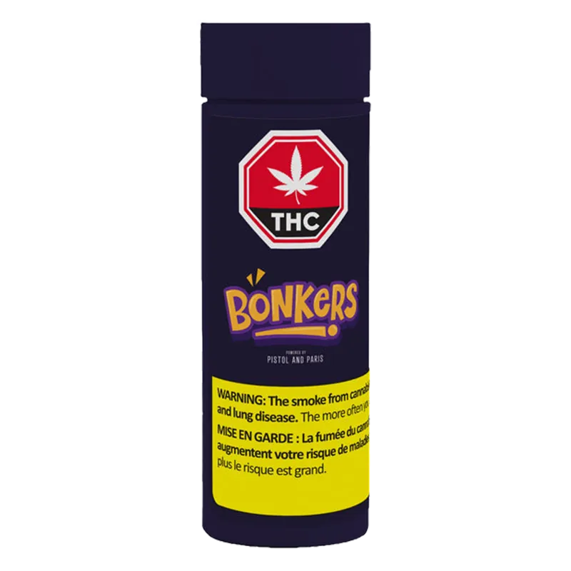 Front-facing shot of a tall dark purple cylinder labeled "Purple Lemonade PR 14 x 0.5 g" with a red THC stop sign and yellow warning panel.