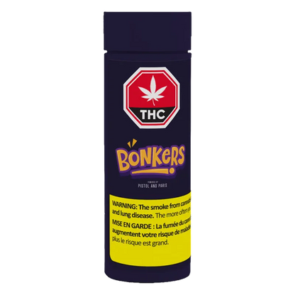 Front-facing shot of a tall dark purple cylinder labeled "Purple Lemonade PR 14 x 0.5 g" with a red THC stop sign and yellow warning panel.