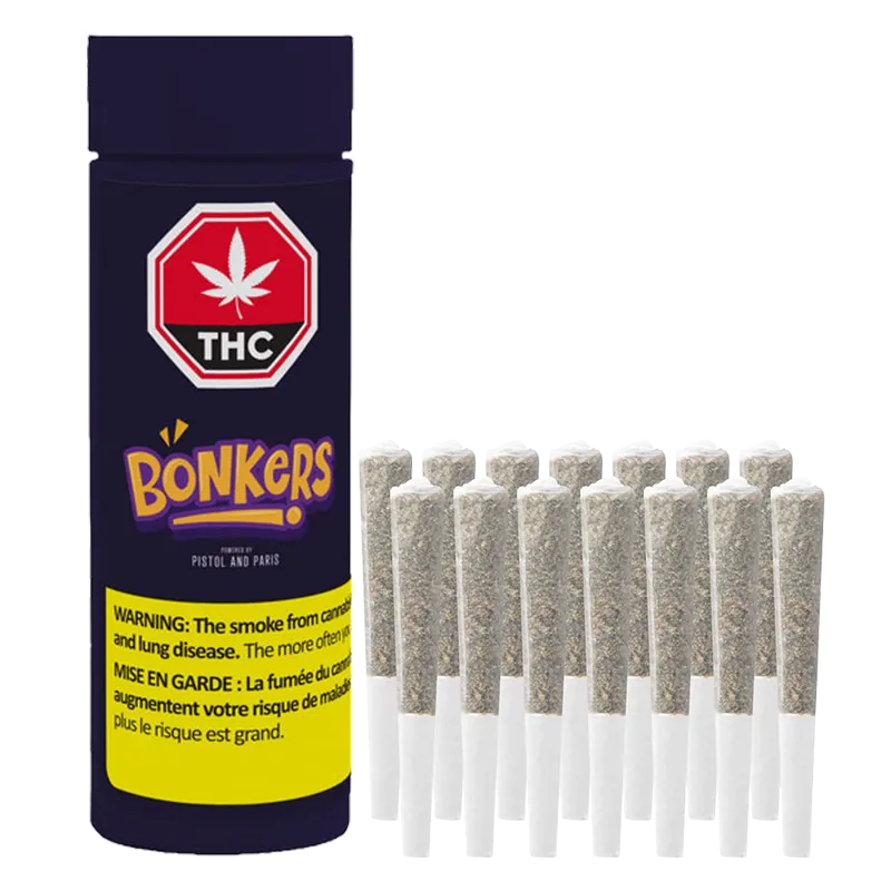Front-facing image of a dark purple canister and a row of pre-rolled joints labeled "Purple Lemonade PR 14 x 0.5 g" with a bright warning panel.