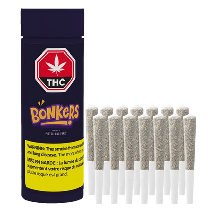 Front-facing image of a dark purple canister and a row of pre-rolled joints labeled "Purple Lemonade PR 14 x 0.5 g" with a bright warning panel.