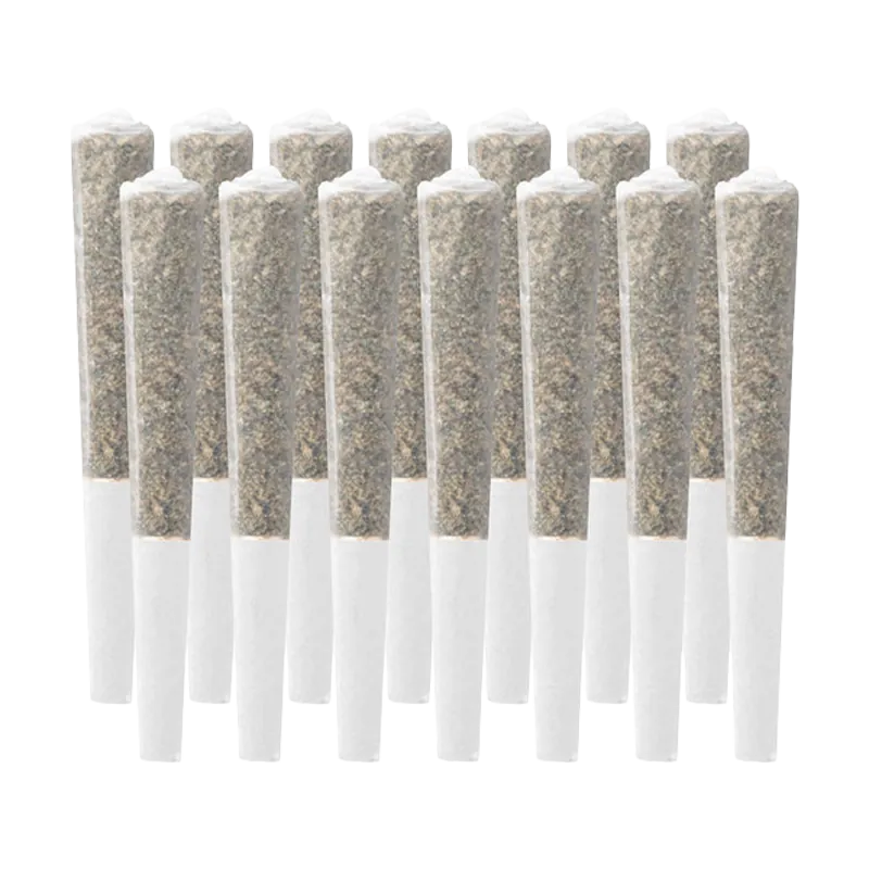 Front-facing row of twelve pre-rolled cones in white paper shown against a white background, labeled Purple Lemonade PR 14 x 0.5 g.