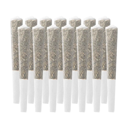 Front-facing row of twelve pre-rolled cones in white paper shown against a white background, labeled Purple Lemonade PR 14 x 0.5 g.