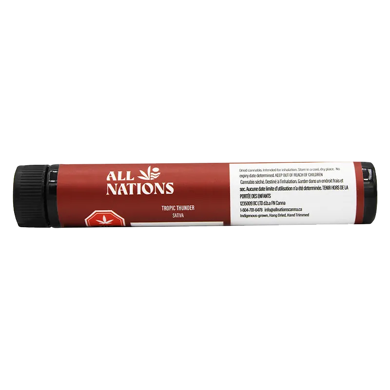 Horizontal studio shot of the Tropic Thunder PR 3 x 0.5 g All Nations tube with a red label and black cap against a white background