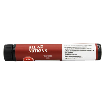 Horizontal studio shot of the Tropic Thunder PR 3 x 0.5 g All Nations tube with a red label and black cap against a white background