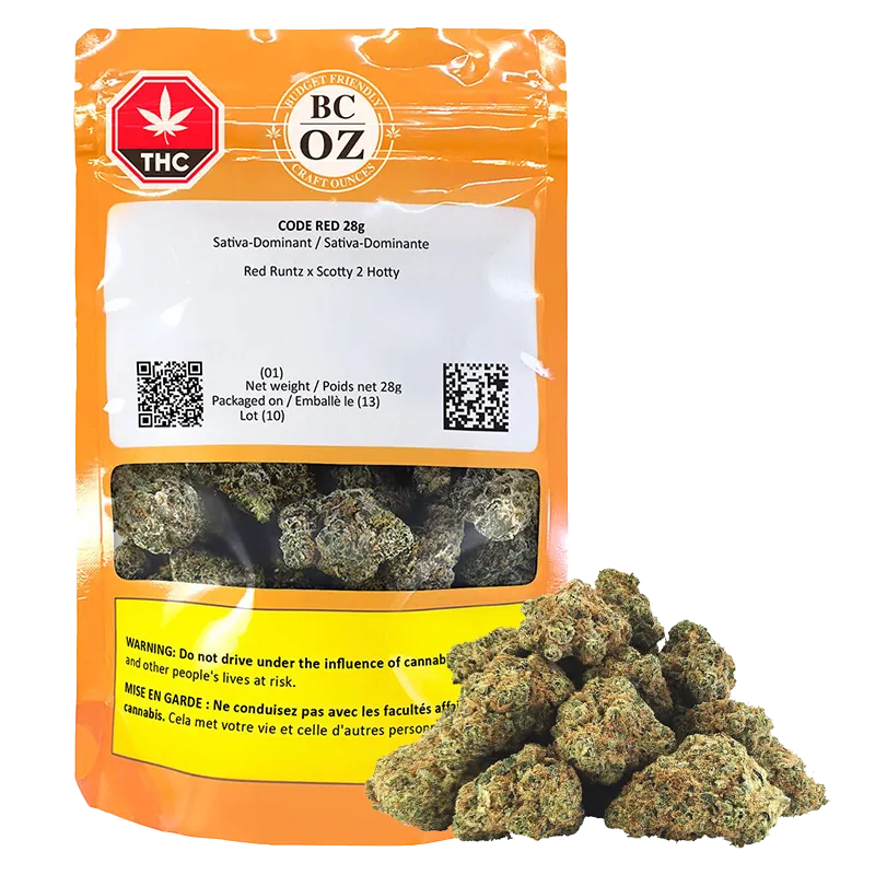 Front-facing shot of the Code Red 28 g pouch with orange packaging, visible product window and a pile of green buds at its base.