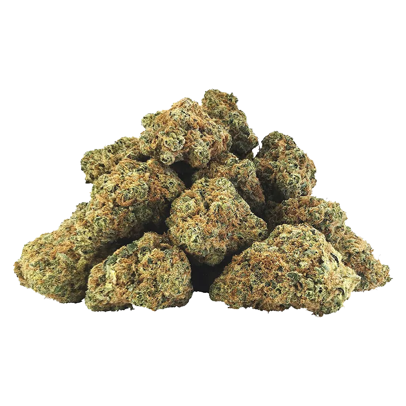 Pile of dense green and orange buds photographed from front-on on a white background, labeled Code Red.