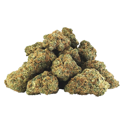 Pile of dense green and orange buds photographed from front-on on a white background, labeled Code Red.