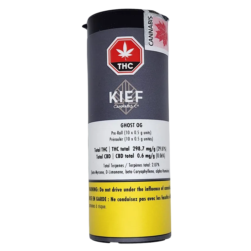 Center-frontal photo of the cylindrical Kief Cannabis Co. Ghost OG PR 10 x 0.5 g tube label with THC symbol, product text, and a yellow warning band at the base