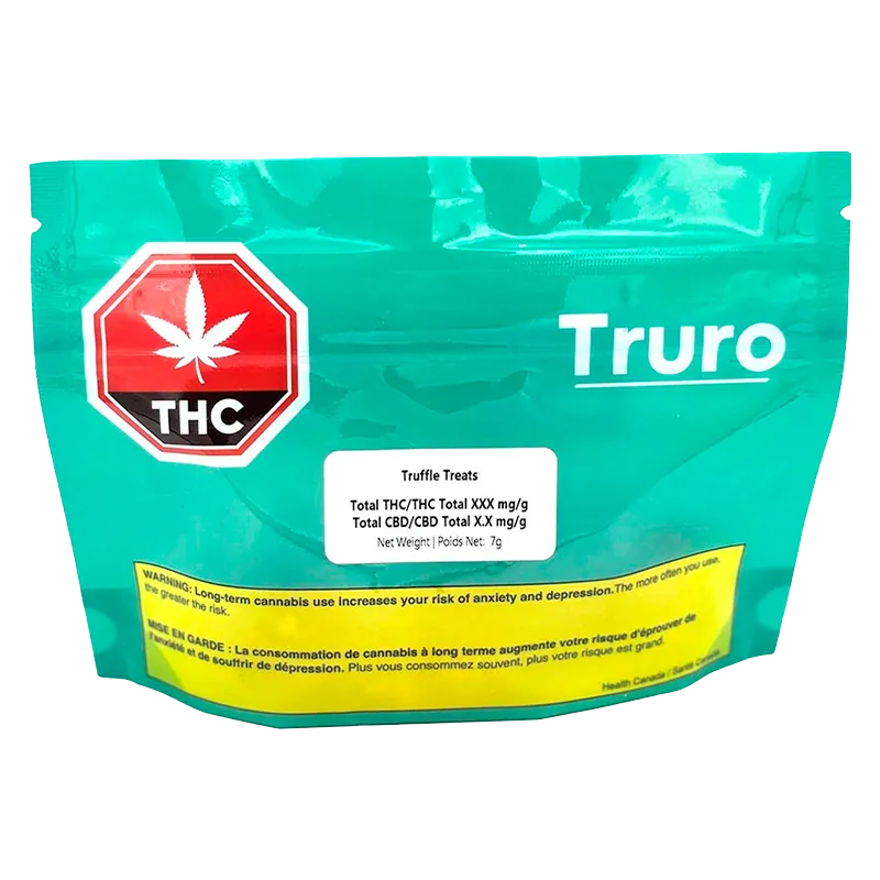 Front-facing shot of the Truro Truffle Treats pouch in teal with a red THC symbol and yellow warning band across the bottom.