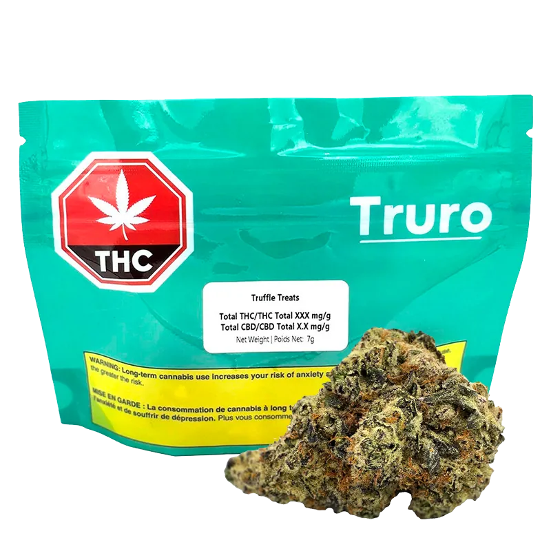 Front view of a teal pouch labeled Truro Truffle Treats with a white product sticker and a cannabis bud positioned in front.