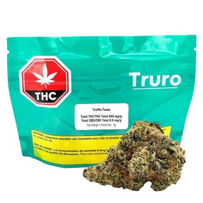 Front view of a teal pouch labeled Truro Truffle Treats with a white product sticker and a cannabis bud positioned in front.