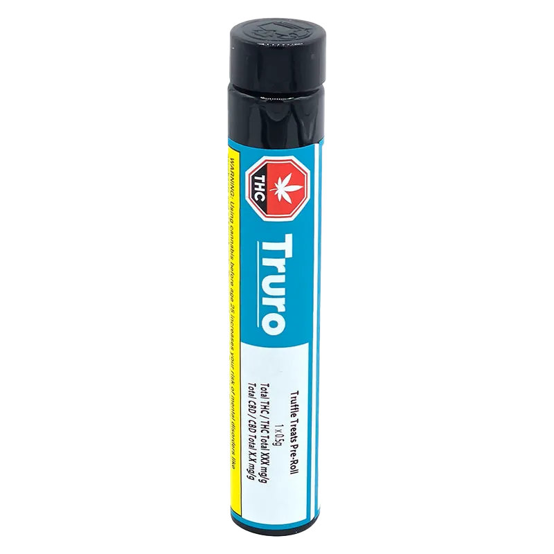 Tall vertical view of a black-capped tube labeled Truro Truffle Treats PR 1 x 0.5 g with a blue, white, and yellow warning-striped label.
